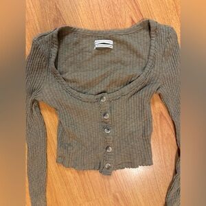Urban Outfitters Long Sleeve Crop Top Size Small, Olive Green/Tan